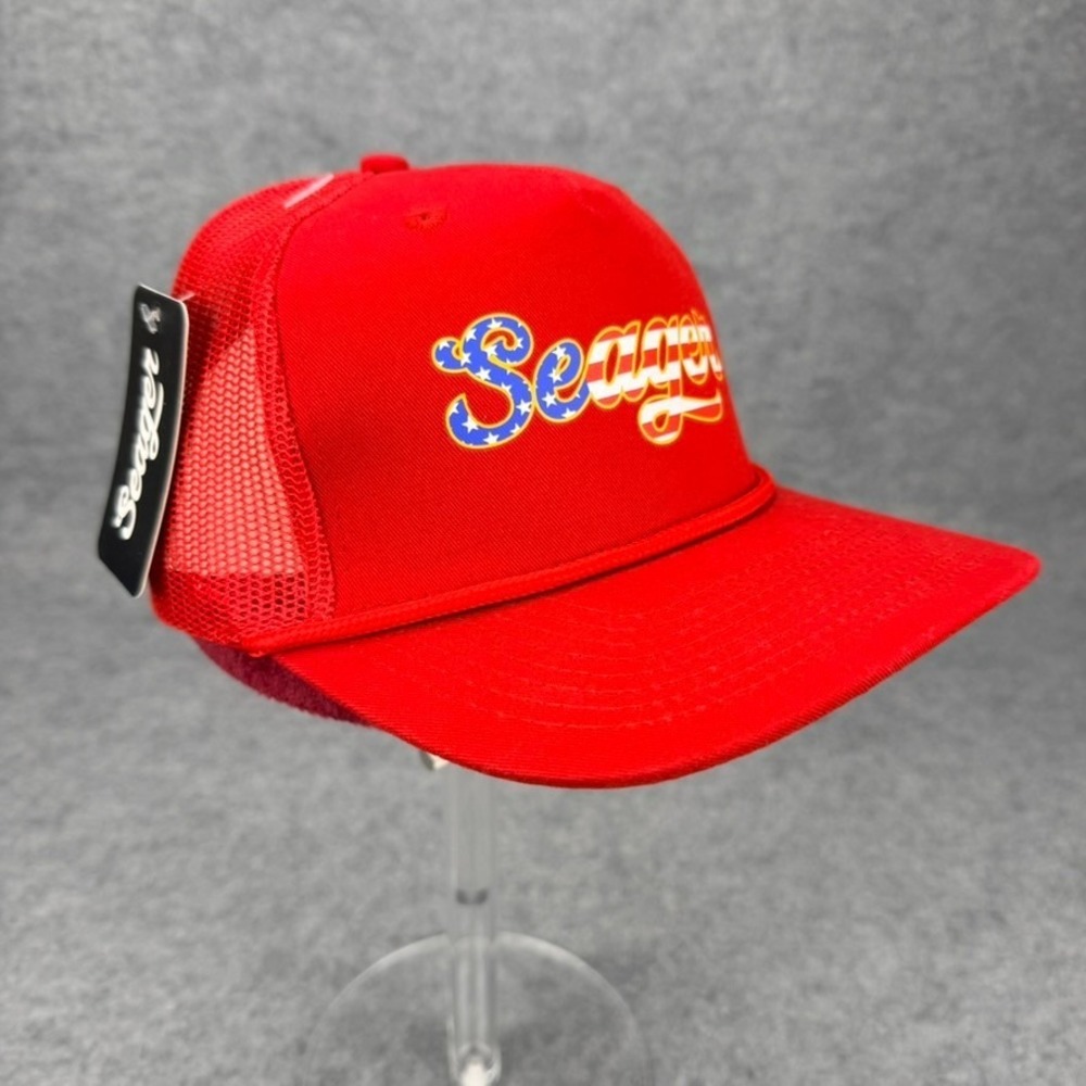Seager Big USA Trucker Snapback Hat Red American Flag Logo Mesh Cap New w/ Tags